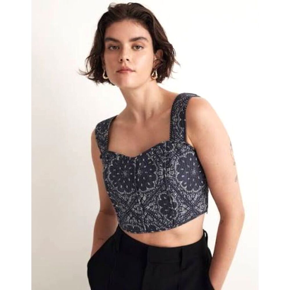 Madewell Quilted Sweetheart Crop Top Bandana Print Navy Blue Cottage Women sz 10